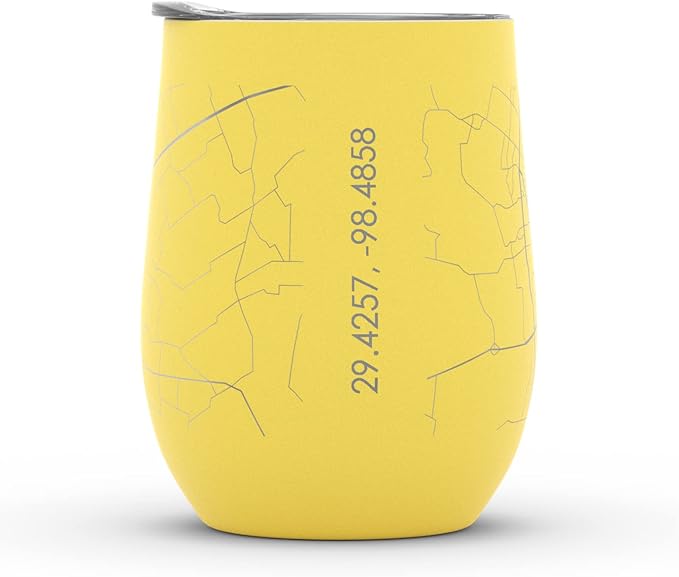 Well Told Engraved San Antonio Texas Map Insulated Wine Tumbler, Etched Stainless Steel Cup (12 oz, Sunrise Yellow) City Map Insulated Tumbler, Custom Insulated Tumbler, Outdoor Drinkware
