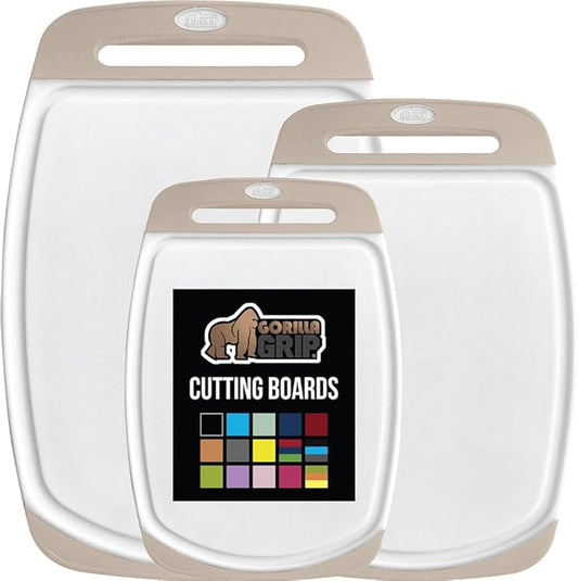 GORILLA GRIP BPA-Free Reversible Kitchen Cutting Board Set of 3, US Designed, Nonporous, Juice Grooves Catch Liquid, Slip Resistant Border, Dishwasher Safe, Durable Large Food Chopping Boards, Almond
