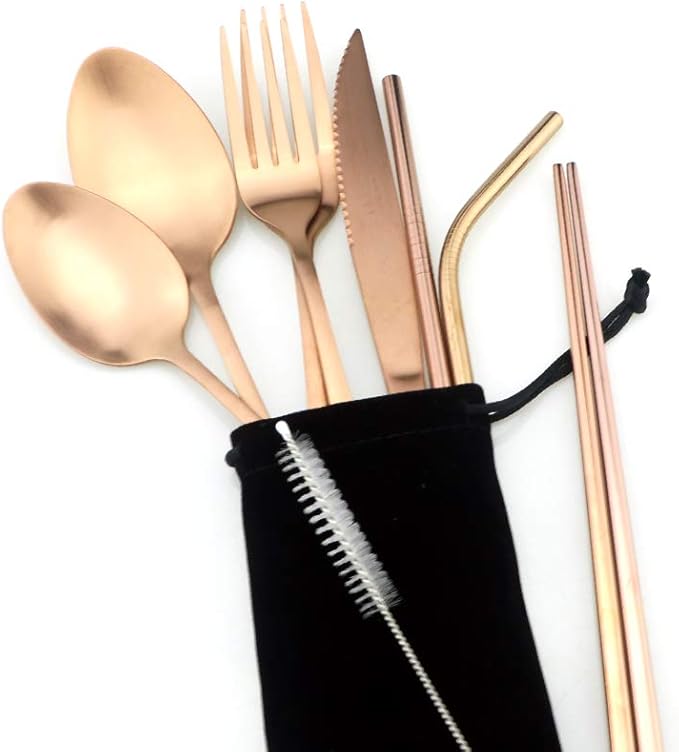Rose Gold Reusable Utensils with Case Camping Travel Silverware Set,Portable Stainless Steel Cutlery Set - Matte Flatware Knife Fork Spoon Mirror Straws Chopsticks - for Office Lunch, Hiking, School