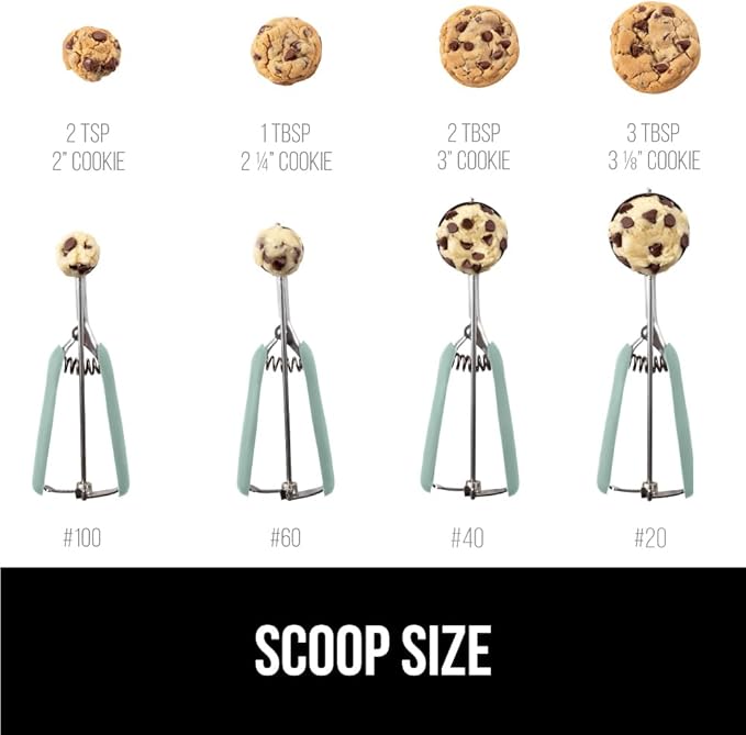 GORILLA GRIP BPA-Free Stainless Steel Cookie Scoop, 3 TBSP Scooper #20, Soft Grip Handle, Easy Food Release, Create Even Portion Sizes, Multipurpose Kitchen Melon Baller, Meatball Spring Scoops, Mint