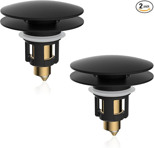 iFealClear 2 Pack Universal Bathroom Sink Stopper, Pop Up Sink Drain Strainer with Hair Catcher Basket, Fit 1.1"-2.36" US Basin, Wash Basin Drain Plug, Big Cover Cap, Brass Bounce Core, Matte Black