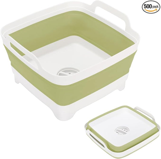 Collapsible Dish Basin, 2.4 Gallon Foldable Kitchen Sink with Drain Plug for Space-Saving Dish Washing, Vegetable & Baby Bottle Cleaning
