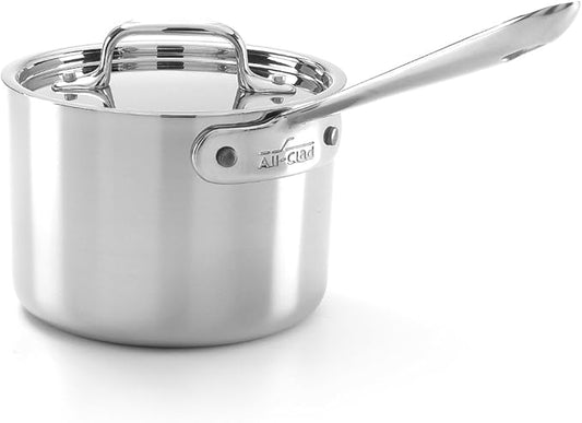 All-Clad D5 5-Ply Brushed Stainless Steel Sauce Pan 2 Quart Induction Oven Broiler Safe 600F Pots and Pans, Cookware Silver