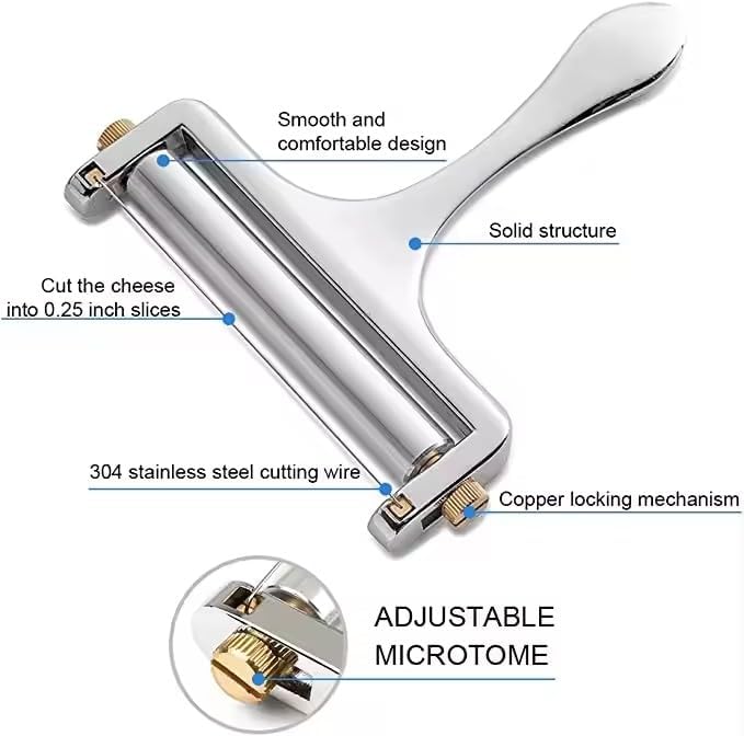 Stainless Steel Wire Cheese Slicer with 2 Extra Wires - Adjustable Hand Held Cheese Cutter - Premium Cheese Shaver for Mozzarella, Cheddar, Gruyere