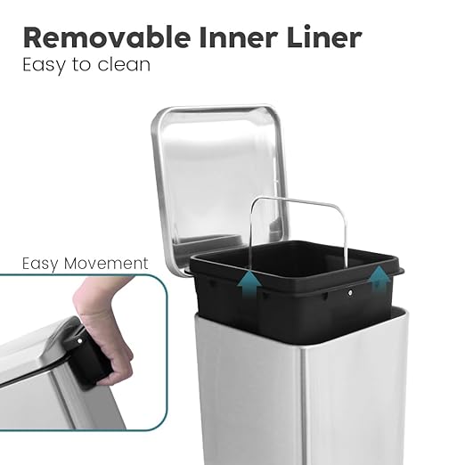 8-Gallon Trash Can, 30 Liter Stainless Steel Garbage Can, Round Trash Can with Lid, Slim Garbage can Featuring a Removable Inner Liner (Silver, 30L-Square)