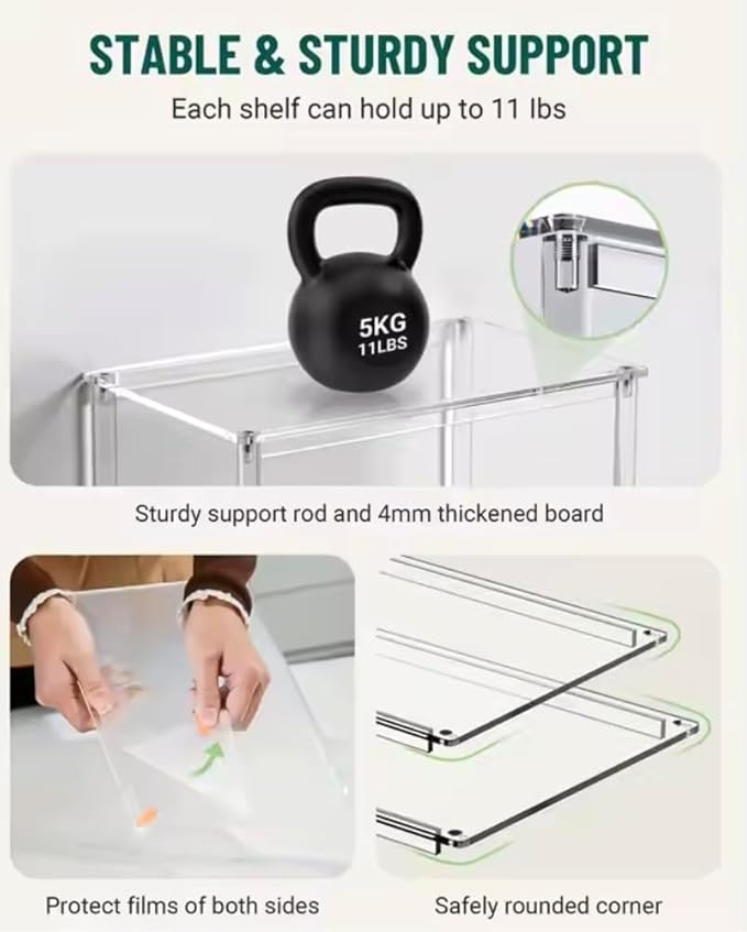 Acrylic Cabinet Shelf Organizer Set of 4 Spice Rack, Desk, Countertop Shelf, Bathroom, Pantry, Kitchen Storage, Refrigerator and Organization Stackable Shelves