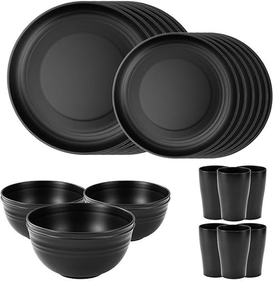 24-Piece Black Unbreakable Wheat Straw Dinnerware Set -Plates and Bowls Sets for 6, Eco-friendly Dishes Set for 6