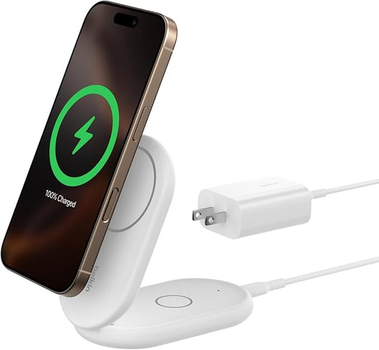 Belkin Magnetic Foldable Wireless Charging Stand 15W - MagSafe-Compatible Qi2-Certified Charger, Wireless Charging Stand for iPhone 16, Galaxy S25, & More - Standby Mode Ready w/PSU Included - White