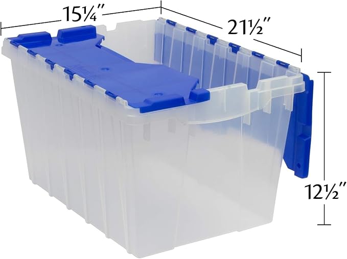 Akro-Mils KeepBox 12 Gallon Storage Container, Nesting and Stackable Plastic Storage Box with Lid Attached and Rails for Letter Size Hanging File Folders, 21" x 15" x 12", Clear/Blue, 6-Pack