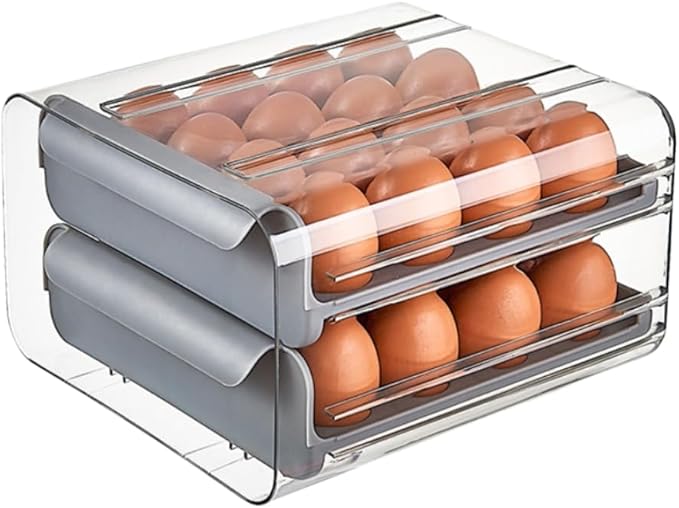 Egg Container Holders Dispenser for Refrigerator 32 Eggs, 2 Tier Clear Stackable Holder Tray with Drawer for Fridge, Egg Drawer for Refrigerator, Egg Tray Countertop (Grey)