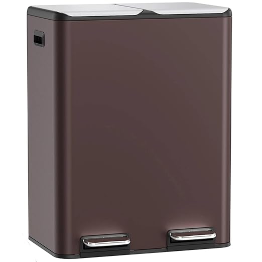 Arlopu 16Gal Dual Trash Can w/2 Built-in Box for Odor Control, Hands-Free Kitchen Garbage Bin, Recycle Waste Dustbin, Soft-Close Lid, 2 Buckets,Foot Pedal, Side Handle, Airtight,for Home (Brown)