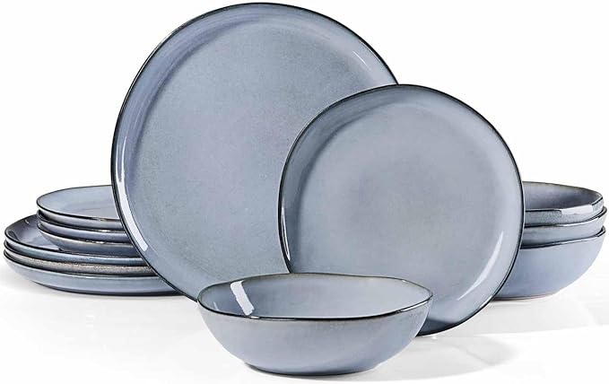 Herogo Plates and Bowls Dinnerware Sets, 12 Piece Stoneware Dinner Dishes Set for 4, Irregular Handmade Dishware Tableware, Crack and Scratch Resistant, Reactive Glaze, Smoky Blue