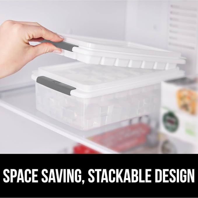 GORILLA GRIP BPA-Free Easy Release Stackable Ice Cube Tray for Freezer, Set Makes 56 Cubes for Cocktail Drinks, Coffee, Bucket Kit Includes 2 Leakproof Trays with Lid and Scooper, Kitchen Tool, Gray