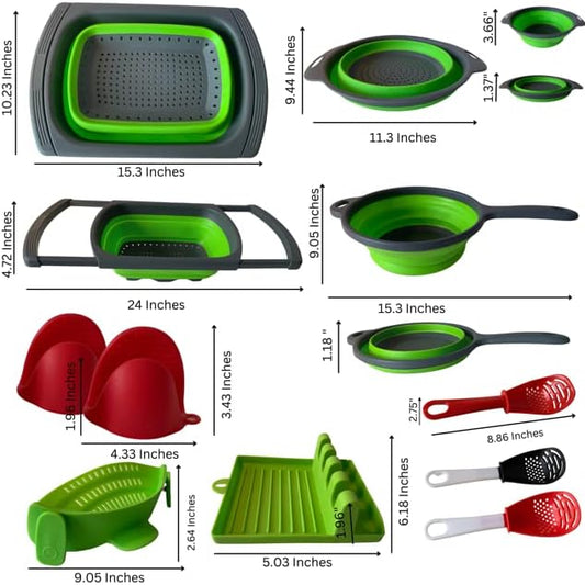 BaraBara 10 pcs Silicone Telescopic Collapsible Strainers with Handles, Foldable Bowl, Clip on Drainer. Green Spoon Rest, 3 ladle Masher Spoons. Silicone Gloves Heat Resistant Bundle Cooking Set.