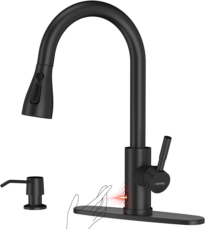 DAYONE Touchless Kitchen Sink Faucet with Pull Down Sprayer and Soap Dispenser, Black 3 Modes Motion Sensor Hands-Free Single Handle Touch Faucet for Kitchen Sink High Arc