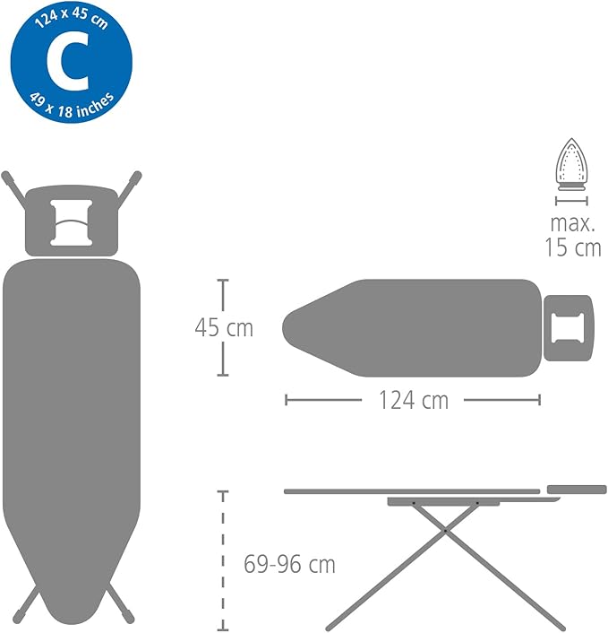 Brabantia Size C Ironing Board (49x18 in) 7 Height Options, Solid Steam Iron Rest Holder (Ecru) Non-Slip Feet, Anti-Collapse Child Locks