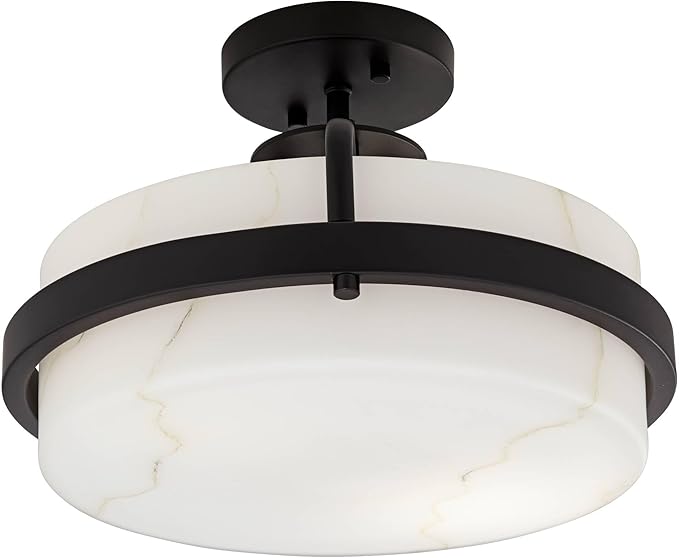 Possini Euro Design Bregman 13" Modern Semi Flush-Mount Ceiling Light Fixture Kitchen Foyer Hallway Drum Round Black Finish White Stone Glass Metal Bedroom Bathroom Entryway Living Room Indoor