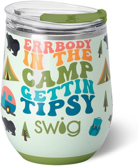 Swig Life 12oz Wine Tumbler with Lid, Stainless Steel, Dishwasher Safe, Portable, Triple Insulated Wine Tumbler (Errbody Camp)