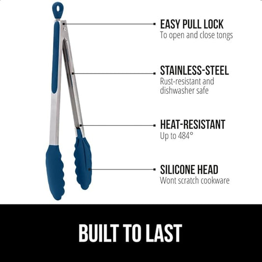 GORILLA GRIP Stainless Steel Heat Resistant Kitchen Tongs for Cooking, Set of 2 BBQ Tong, Non Scratch Silicone Tip for Pans, Strong Grip, Grab Food, Toss Salad, Air Fryer, Pull Lock, 7 + 9 Inch, Blue
