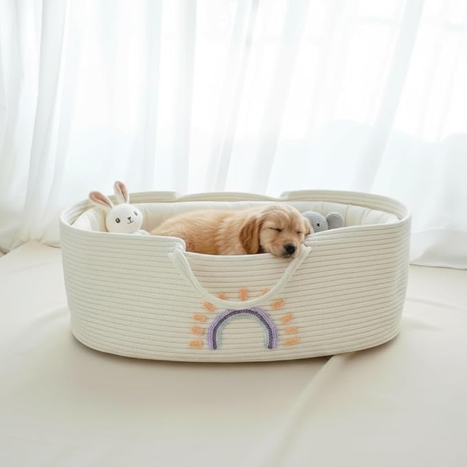 Breathable Foldable Baby Bassinet Basket, Cotton Rope Storage Organizer with Handles for Newborn Nap, Nursery, Living Room, Pet Carrier 28 × 16in