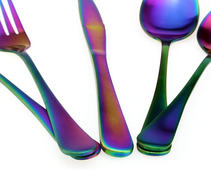 Rainbow Reusable Utensils with Case Camping Travel Silverware Set,Portable Stainless Steel Cutlery Set - Matte Flatware Set Knife Fork Spoon Mirror Straws Chopsticks - for Office Lunch, Hiking,School