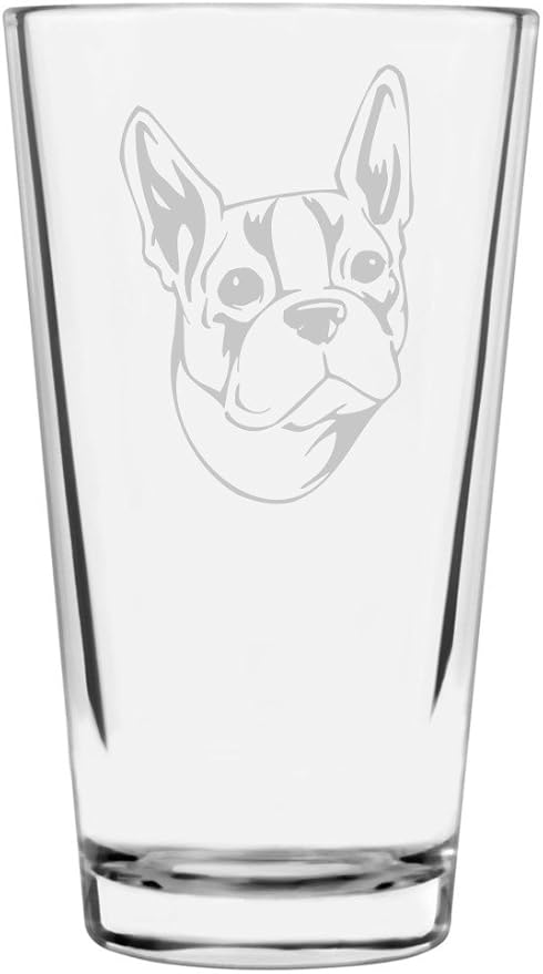 Boston Terrier Dog Themed Etched All Purpose 16oz Pint Glass