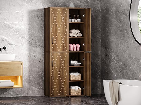 Tribesigns 75" Tall Narrow Storage Cabinet Set of 2, Modern Farmhouse Pantry Cabinet with Doors and 6 Shelves, Skinny Freestanding Utility Cabinet for Kitchen, Bathroom, Laudry, Living Room, Brown