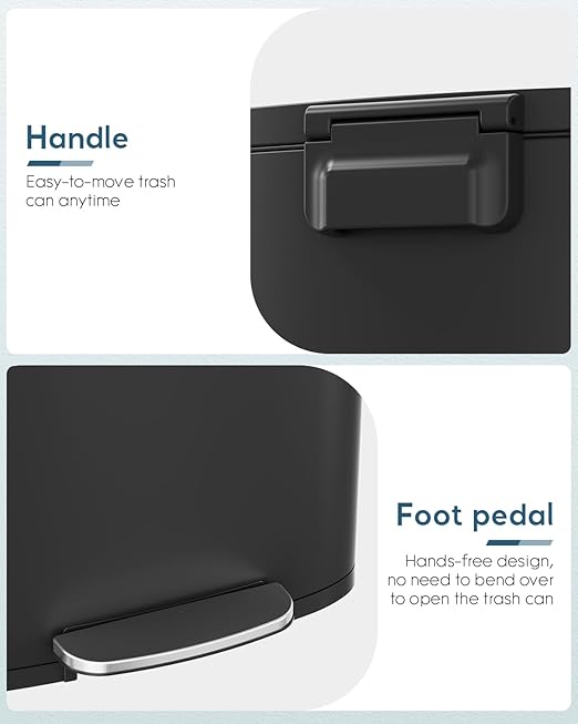 Arlopu 13.2+1.3 Gallon Step Trash Can, Stainless Steel Garbage Bin, Soft-Close Rubbish Bin with Removable Plastic Inner Bucket, Fingerprint-Proof, Lid Dustbin, for Kitchen Home (Black)