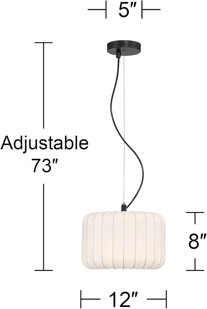 Possini Euro Design Jaime 12" Modern Pendant Ceiling Light Fixture Dining Room Over Table Kitchen Island Foyer Drum Hanging Round Matte Black and White Metal Fabric Hallway Entryway Living Room Mini