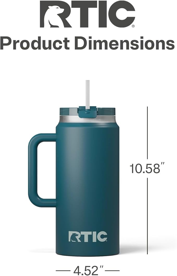 RTIC 64oz Road Trip Tumbler with Handle, Lid and Straw, Ceramic Lined, Insulated, Stainless Steel, Double Wall Vacuum-Insulation, Travel Cup, Marine