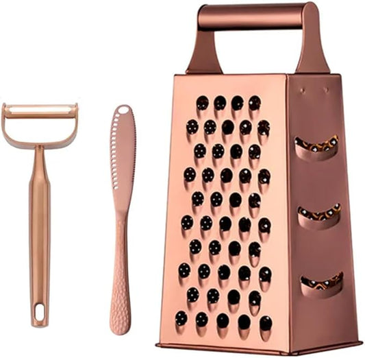 4 Sides Box Grater For Kitchen,Stainless Steel Cheese Grater With Handle,Multi-Function Vegetable Slicer Food Shredder For Chees,Ginger,Vegetables,Rose Gold
