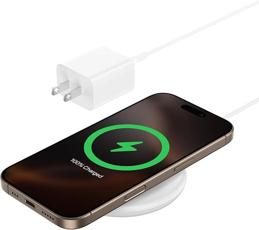 Belkin Magnetic Wireless Charging Pad 15W - MagSafe-Compatible Qi2-Certified Wireless Charger for iPhone 16 Series, Samsung Galaxy S25, AirPods, & More w/Non-Slip Base, Power Supply Included - White