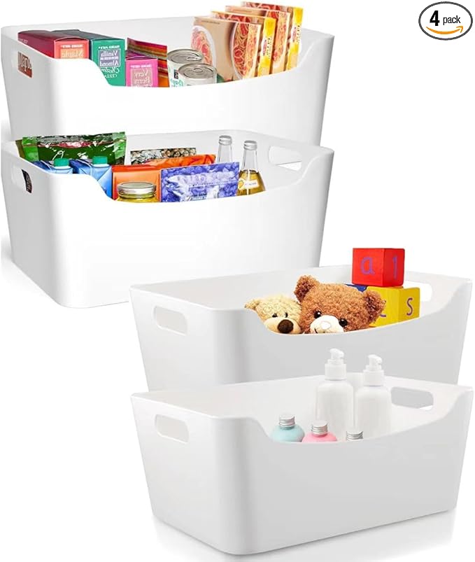 Ytteve large- 4 pack White Plastic Storage Bins, Closet Kitchen Storage Containers for Pantry Bathroom Office Organization Baskets, Cabinet Organizing Containers, White Organizer Bins for Shelves