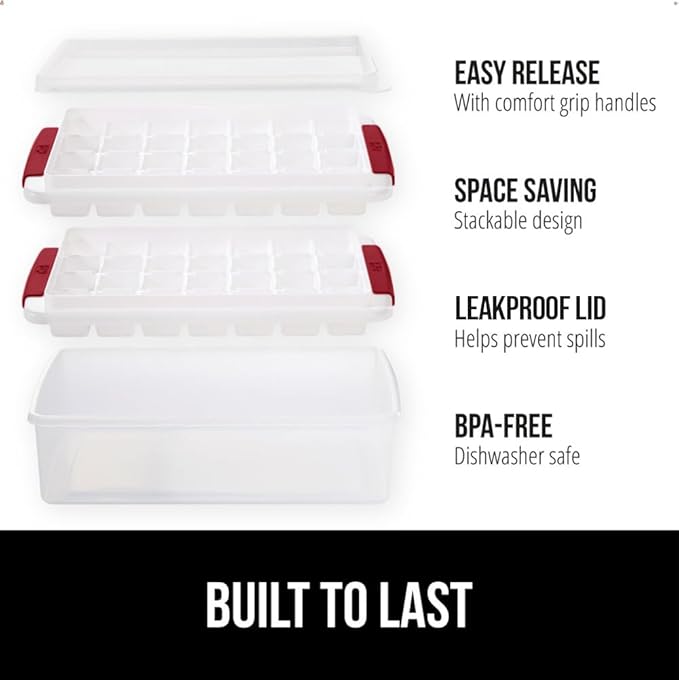 GORILLA GRIP BPA-Free Easy Release Stackable Ice Cube Tray for Freezer, Set Makes 56 Cubes for Cocktail Drinks, Coffee, Bucket Kit Includes 2 Leakproof Trays with Lid and Scooper, Kitchen Tool, Red