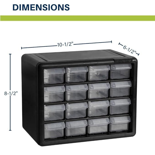 Akro-Mils 16-Drawer Plastic Drawer Storage Cabinet for Garage Organization, Beads, Makeup Organizer, Building Bricks Storage, Teacher Toolbox, 10-1/2-Inch W x 6-1/2-Inch D x 8-1/2-Inch H, 10116 White