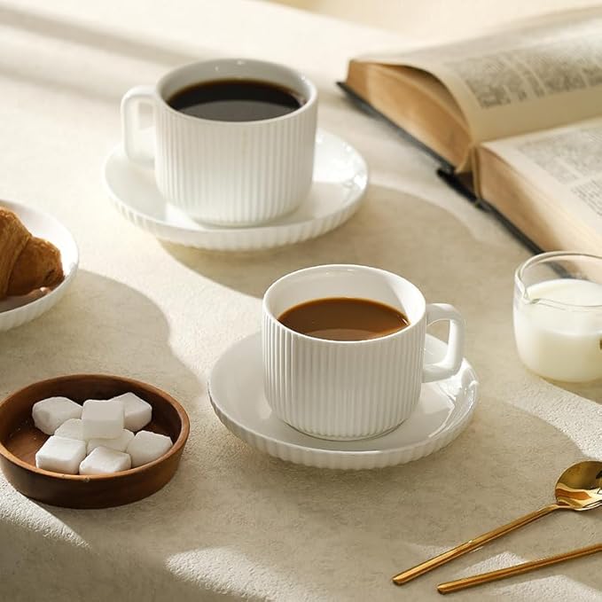 8 Ounce Cappuccino Cups Set of 4, Latte Mugs with Saucers and Spoons, White Cream Ceramic Coffee Mugs Tea Cups for Cappuccino Latte Mocha Au Lait Macchiato Cafe