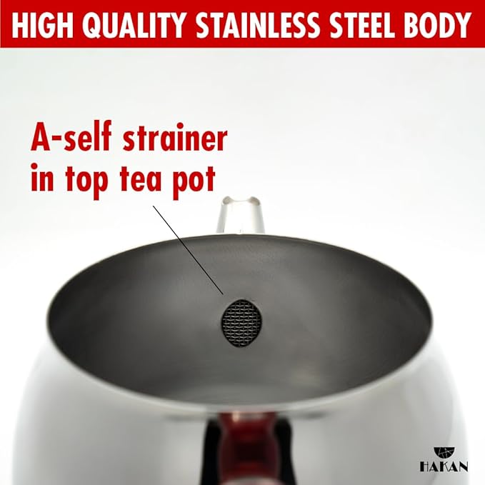 Hakan Stainless Steel 2 L, 67 Oz, Mini Double Bondy Tea Pot Set with Self Strainer Double Lids, Turkish Samovar Style Teapot Set, Tea Kettle for Loose Leaf Tea with Red Bakelite Handle 2.1-Quart