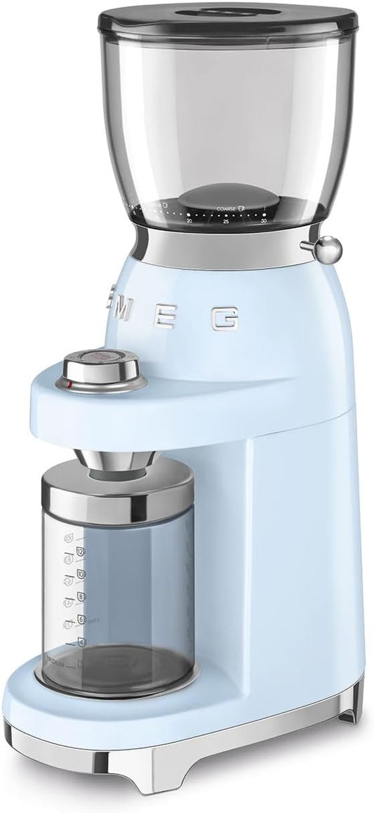 SMEG CGF11 Retro-Style Coffee Grinder – Burr Mill with 30 Grind Settings, Stainless Steel Conical Burrs, Removable Hopper – Precision Countertop Grinder for Espresso, Drip, French Press-Pastel Blue