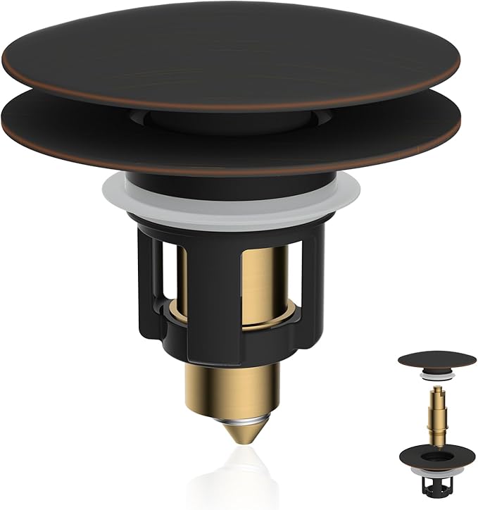 iFealClear Universal Bathroom Sink Stopper, Metal Pop Up Sink Drain Strainer with Hair Catcher, Fit 1.1"-2.36" US Basin, Wash Basin Drain Plug, Big Cover Cap, Brass Bounce Core, Oil Rubbed Bronze