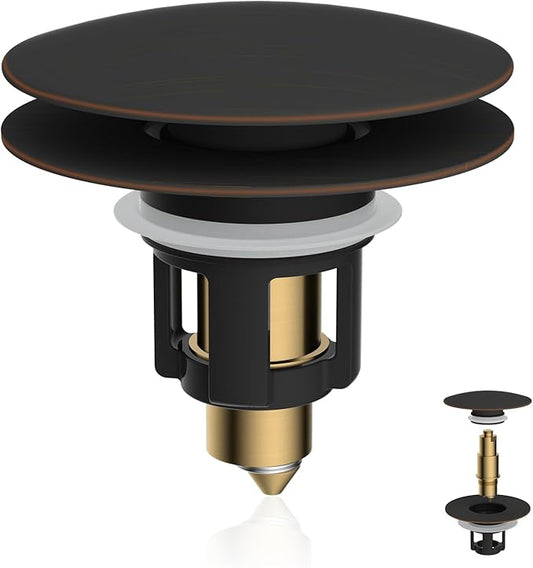iFealClear Universal Bathroom Sink Stopper, Metal Pop Up Sink Drain Strainer with Hair Catcher, Fit 1.1"-2.36" US Basin, Wash Basin Drain Plug, Big Cover Cap, Brass Bounce Core, Oil Rubbed Bronze