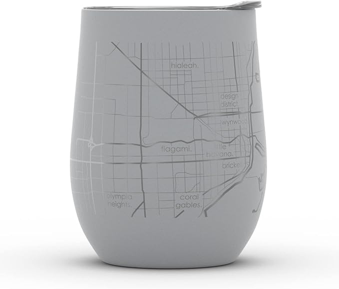 Well Told Engraved Miami Florida Map Insulated Wine Tumbler, Etched Stainless Steel Cup (12 oz, Dockside Gray) City Map Insulated Tumbler, Custom Insulated Tumbler, Outdoor Drinkware