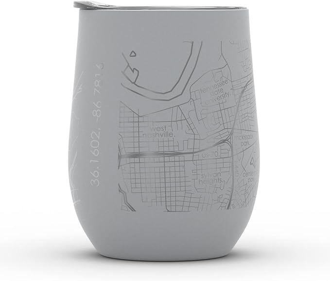 Well Told Engraved Nashville Tennessee Map Insulated Wine Tumbler, Etched Stainless Steel Cup (12 oz, Dockside Gray) City Map Insulated Tumbler, Custom Insulated Tumbler, Outdoor Drinkware