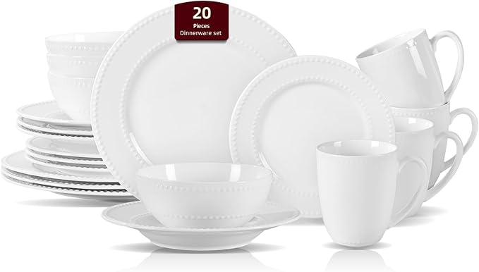 HomeVss, New Bone China Dinnerware Set, Embossed Pearl Design, 20pc Set