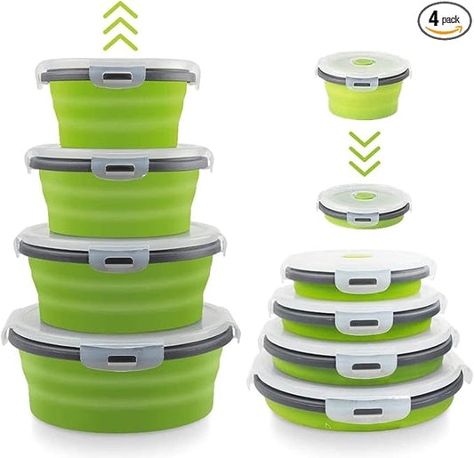 Collapsible Bowls For Camping, Set of 4 Silicone Food Storage Containers with Lids, Rv storage and organization, Rv Kitchen Accessories, BPA Free, Microwavable, Freezer, Dishwasher Safe (Round-Green)