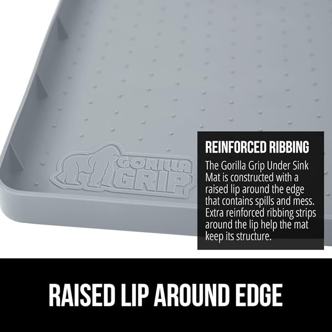 GORILLA GRIP Waterproof Silicone Under Sink Mat with Raised Lip for Kitchen and Bathroom, Cabinet Shelf Liner Stay in Place Mats Dishwasher Safe Drawer Liner, Organizer Tray, 19 x 22 in, Light Grey