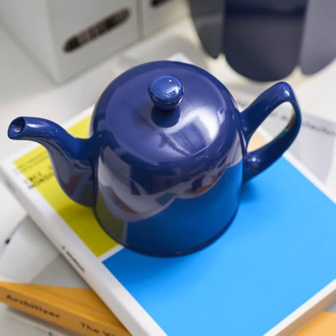 Degrenne Salam Luxury French Tea Pot - Porcelain Teapot with Stainless Steel Cover, Ceramic Tea Kettle for Loose Tea, Removable Infuser, 6 Cup Capacity, 36oz - Monochrome Blue