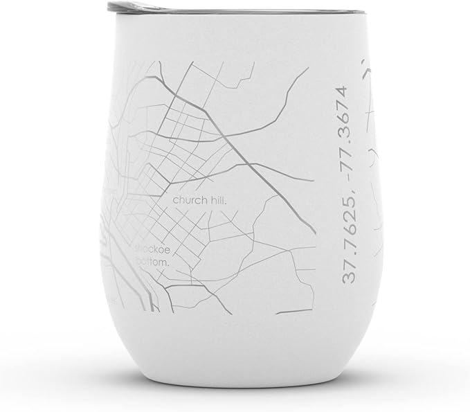 Well Told Engraved Richmond Virginia Map Insulated Wine Tumbler, Etched Stainless Steel Wine Tumbler (12 oz, White) City Map Insulated Tumbler, Custom Insulated Tumbler, Outdoor Drinkware