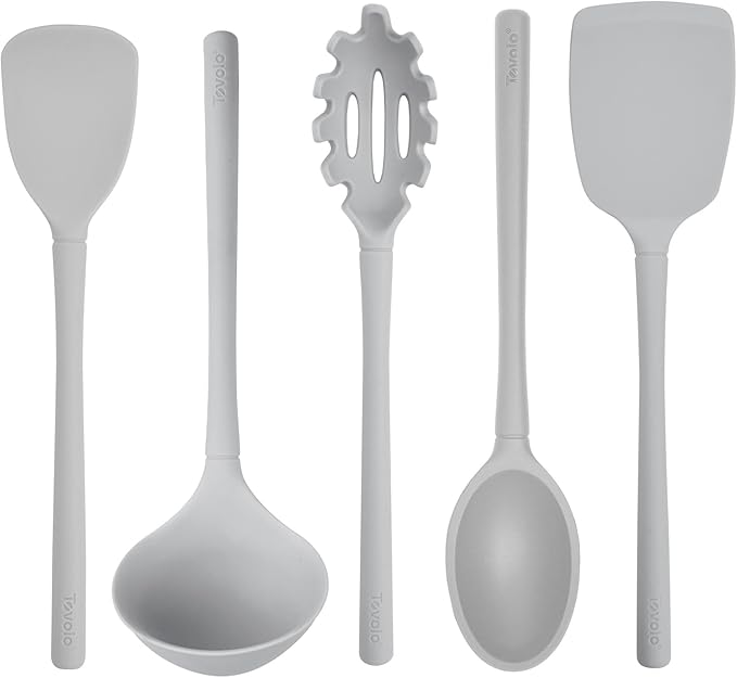 Tovolo Silicone Kitchen Utensils Set of 5 Solid Turner Spoon Pasta Claw Ladle and Scoopula Oyster Gray Silicone Cooking Utensil Set Dishwasher Safe Heat Resistant BPA Free Non Toxic Utensil Set