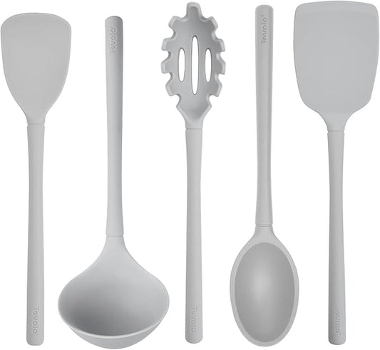 Tovolo Silicone Kitchen Utensils Set of 5 Solid Turner Spoon Pasta Claw Ladle and Scoopula Oyster Gray Silicone Cooking Utensil Set Dishwasher Safe Heat Resistant BPA Free Non Toxic Utensil Set