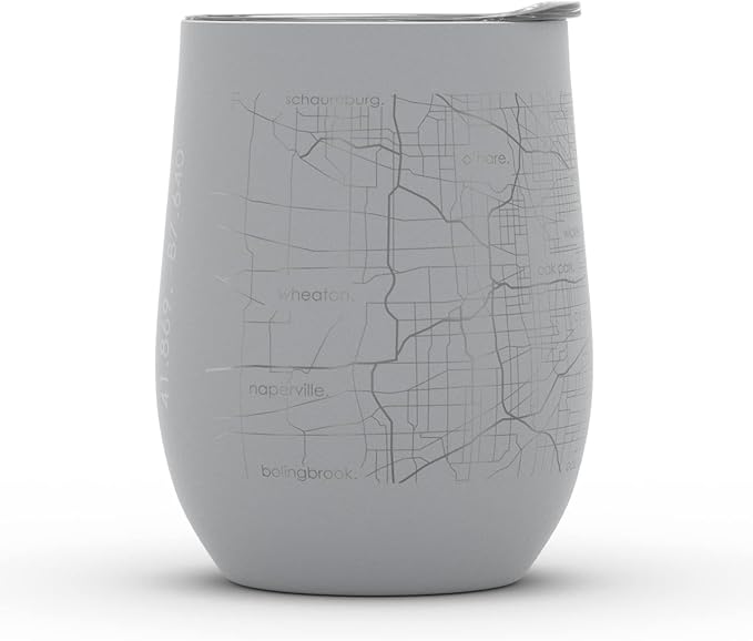 Well Told Engraved Chicago Illinois Map Insulated Wine Tumbler, Etched Stainless Steel Cup (12 oz, Dockside Gray) City Map Insulated Tumbler, Custom Insulated Tumbler, Outdoor Drinkware